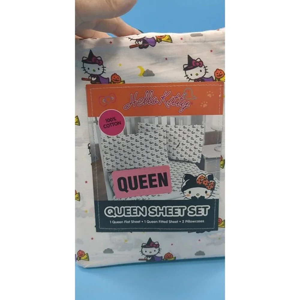 Hello Kitty Sanrio Halloween Witch Broomstick Queen White Sheet Set 4 Piece